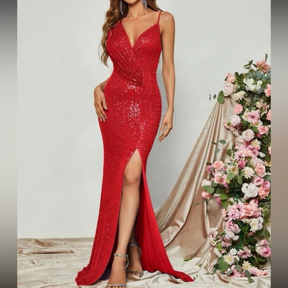 Luxe slit thigh prom wedding party sequins  dress LAST PACK - Picture 5 of 6